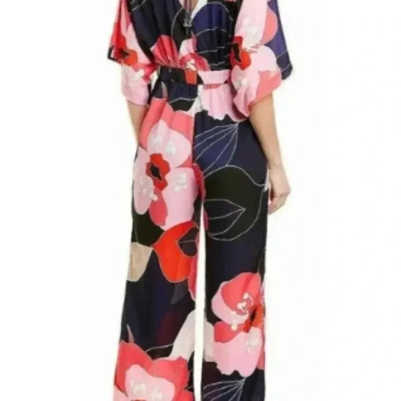 Trina Turk Women's Blue/Pink Flounce-Hem Floral V-Neck Jumpsuit 10 - Picture 2 of 8